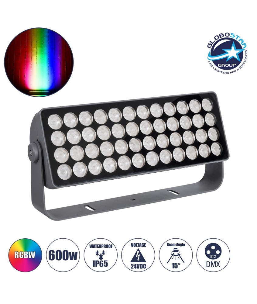GLOBOSTAR® FLOOD-TURBO 90733 Προβολέας Wall Washer για Φωτισμό Κτιρίων LED 600W 33490lm 15° DC 24V Αδιάβροχο IP65 Μ50 x Π18.5 x Υ12.5cm Πολύχρωμο RGBW DMX512 - Γκρι Ανθρακί - 3 Χρόνι+C626α Εγγύηση